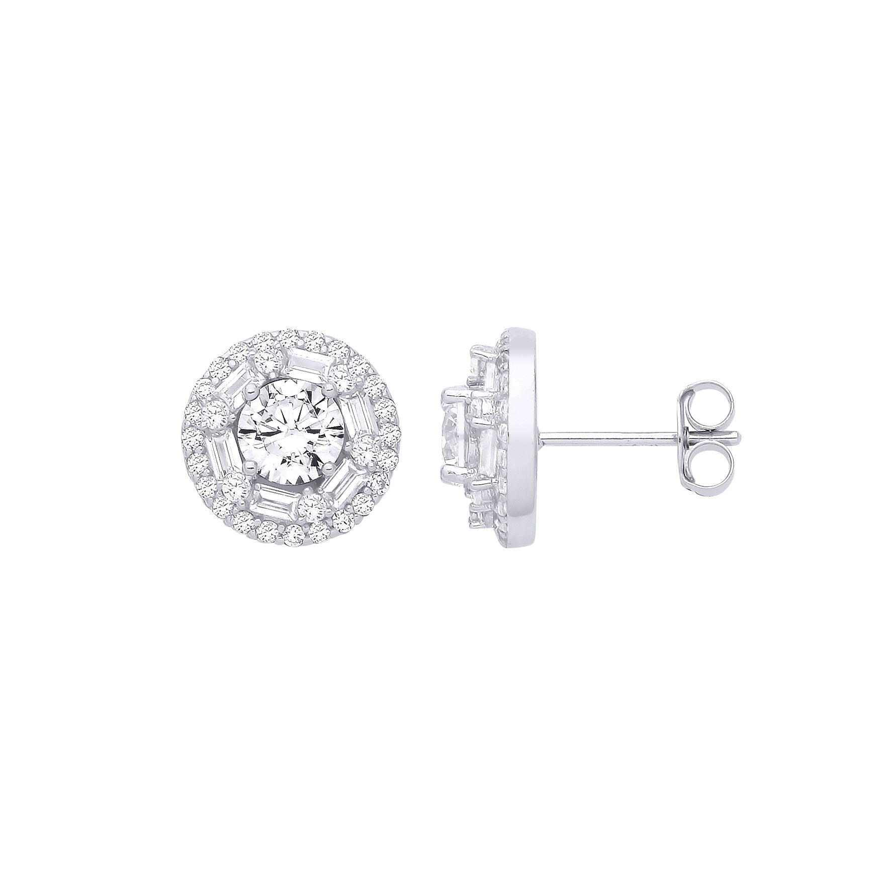 Silver  Baguette CZ Shisha Solitaire Halo Cluster Stud Earrings - EAG1281
