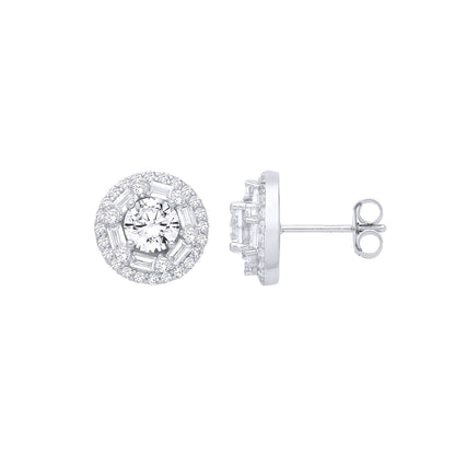 Silver  Baguette CZ Shisha Solitaire Halo Cluster Stud Earrings - EAG1281