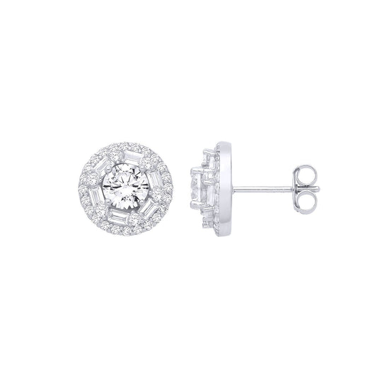 Silver  Baguette CZ Shisha Solitaire Halo Cluster Stud Earrings - EAG1281