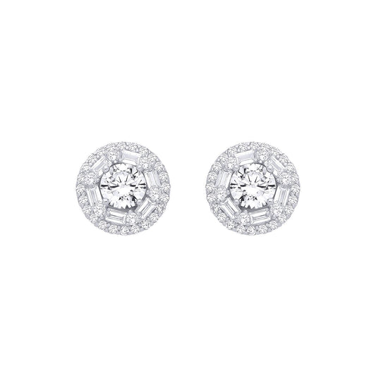Silver  Baguette CZ Shisha Solitaire Halo Cluster Stud Earrings - EAG1281