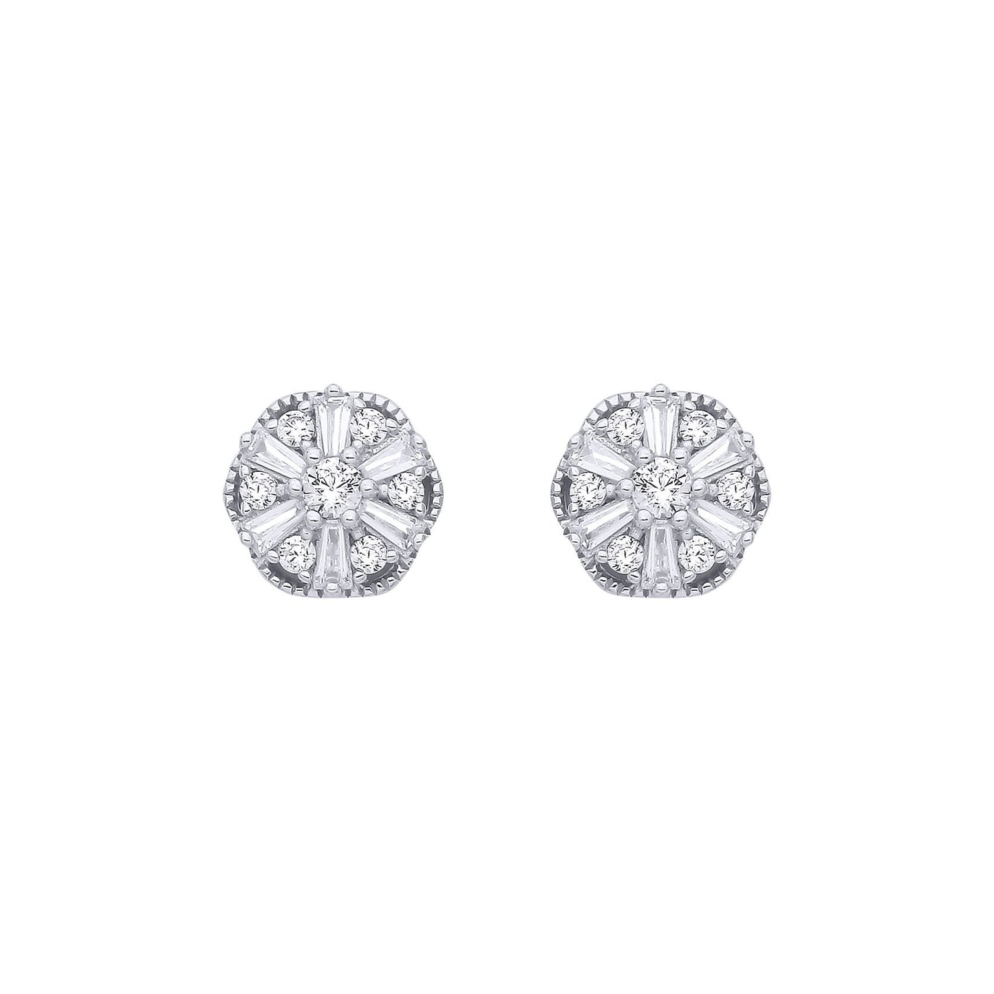 Silver  Baguette CZ Scallop Shisha Sunburst Cluster Stud Earrings - EAG1283