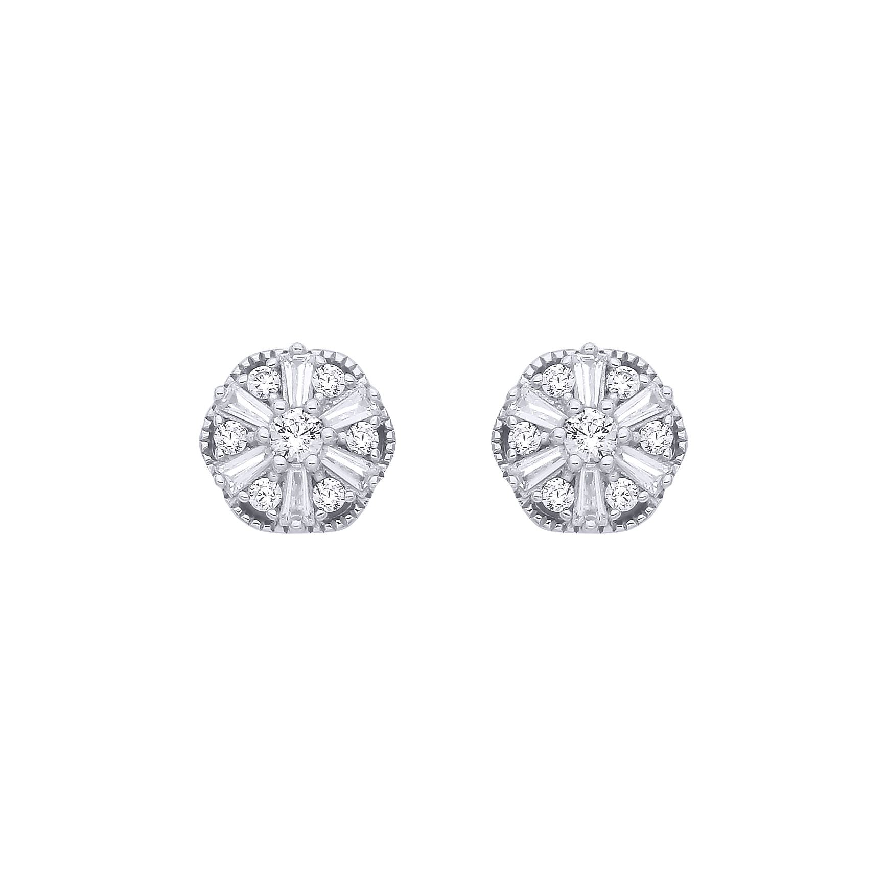 Silver  Baguette CZ Scallop Shisha Sunburst Cluster Stud Earrings - EAG1283