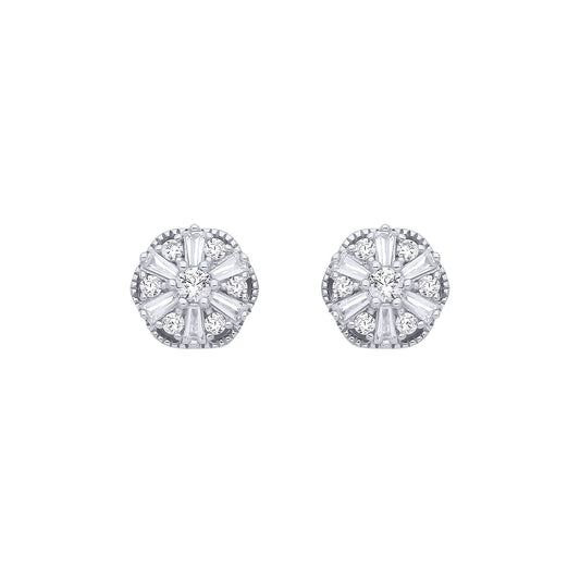 Silver  Baguette CZ Scallop Shisha Sunburst Cluster Stud Earrings - EAG1283