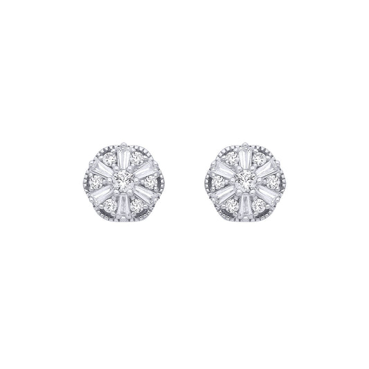 Silver Baguette CZ Scallop Shisha Sunburst Cluster Stud Earrings - EAG1283
