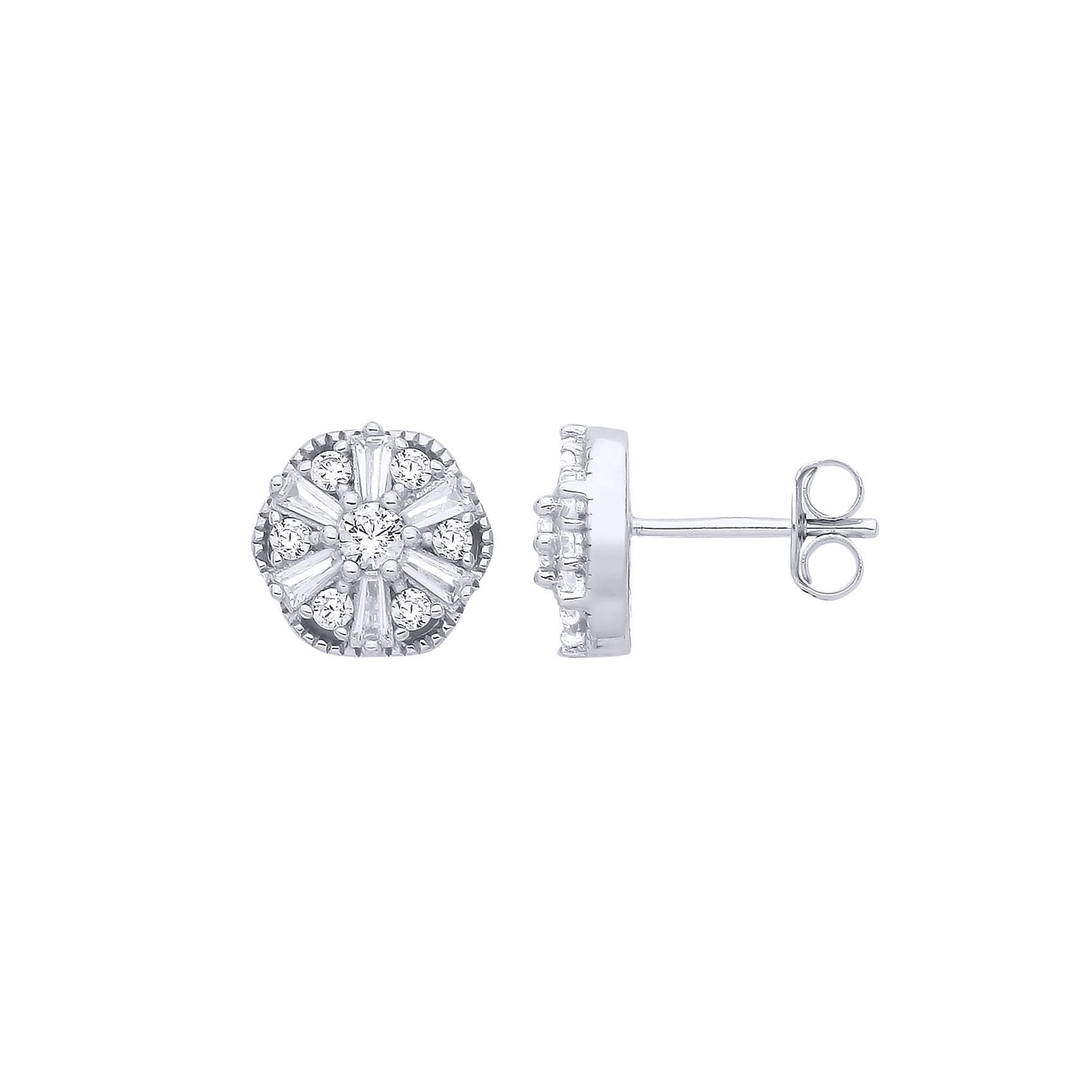 Silver  Baguette CZ Scallop Shisha Sunburst Cluster Stud Earrings - EAG1283
