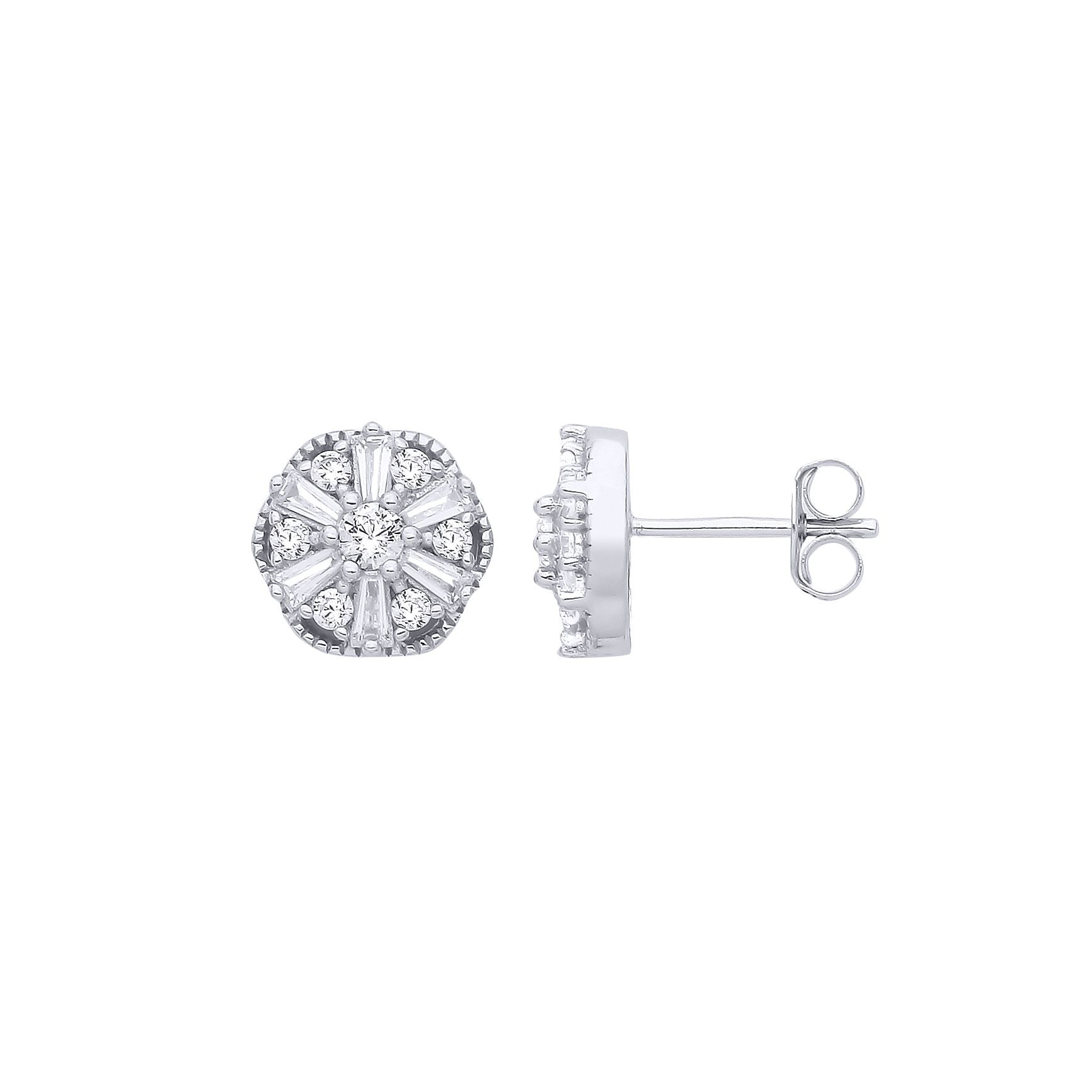 Silver  Baguette CZ Scallop Shisha Sunburst Cluster Stud Earrings - EAG1283