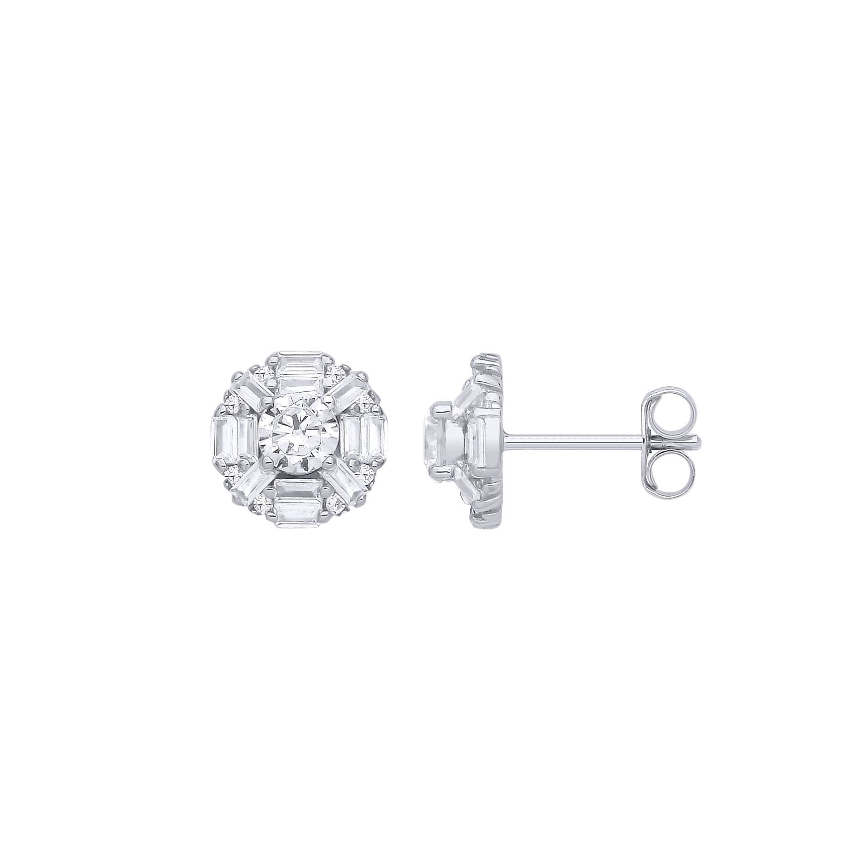 Silver  Baguette CZ Art Deco Solitaire Cluster Stud Earrings - EAG1284