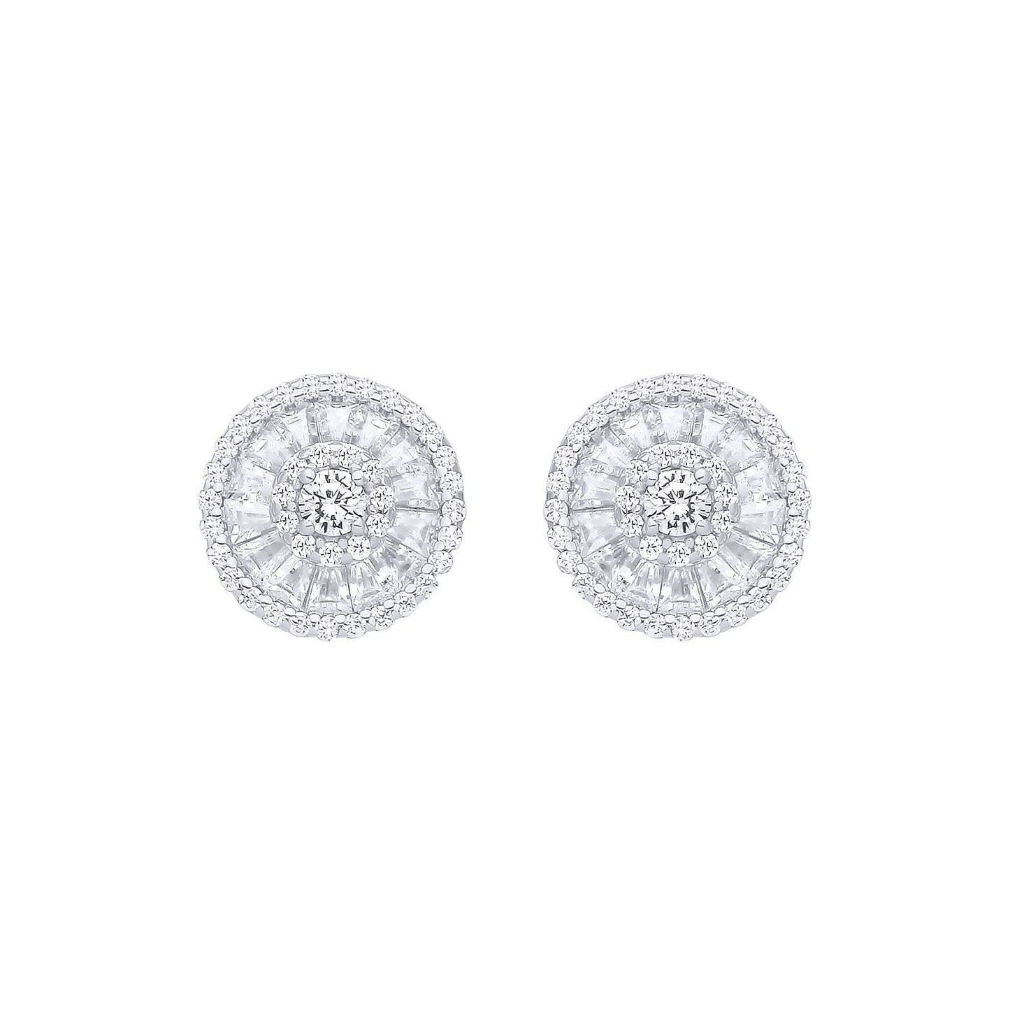 Silver  Baguette CZ Triple Halo Solitaire Cluster Stud Earrings - EAG1285