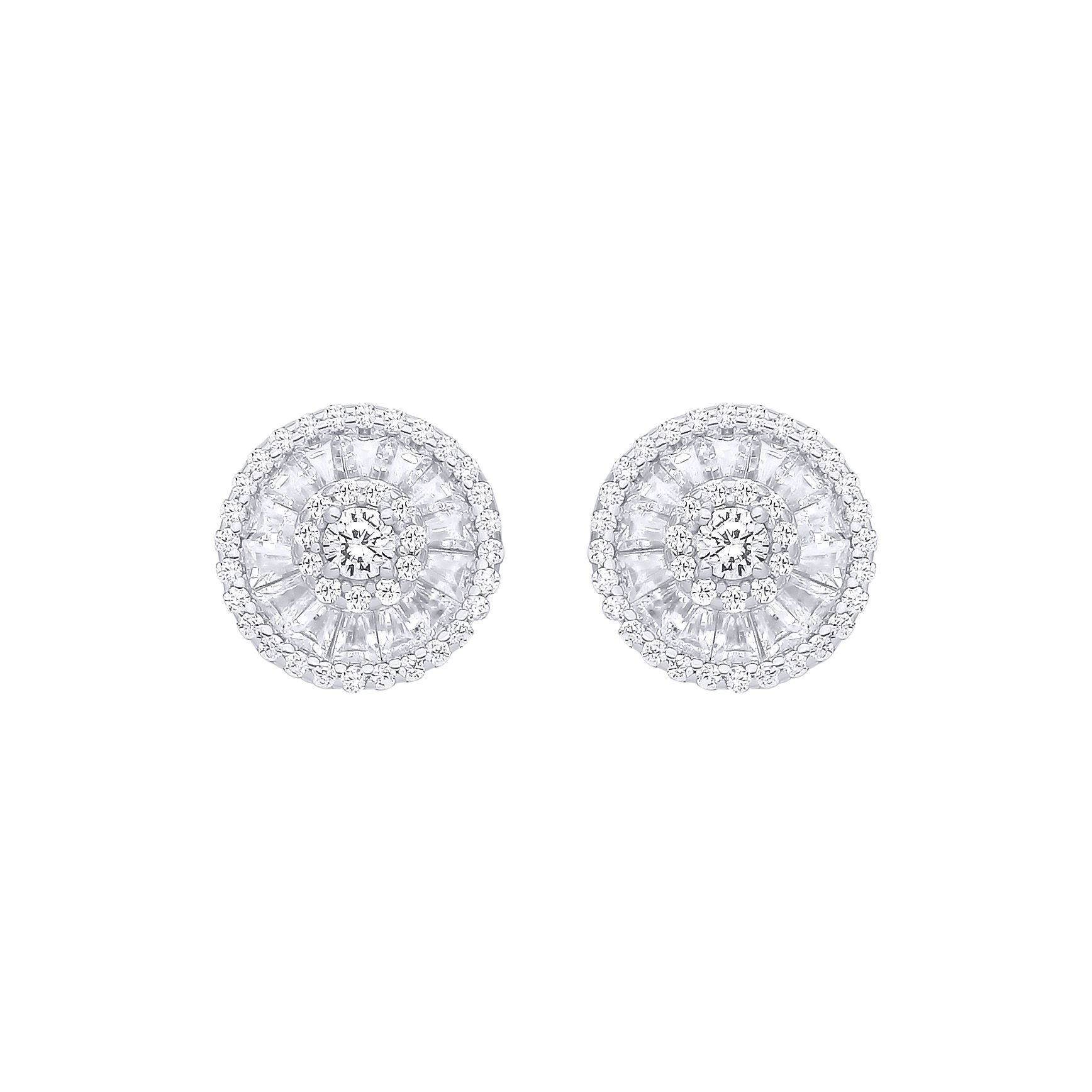 Silver  Baguette CZ Triple Halo Solitaire Cluster Stud Earrings - EAG1285