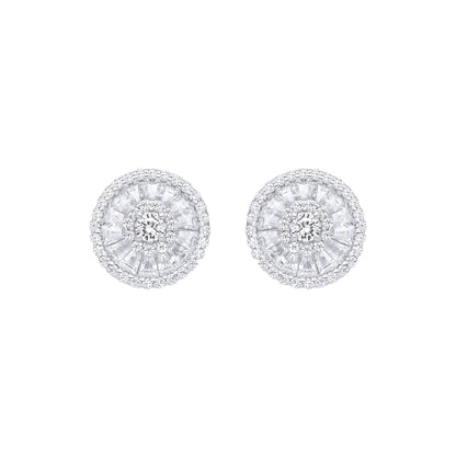 Silver  Baguette CZ Triple Halo Solitaire Cluster Stud Earrings - EAG1285