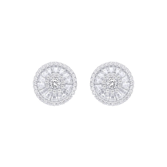 Silver  Baguette CZ Triple Halo Solitaire Cluster Stud Earrings - EAG1285