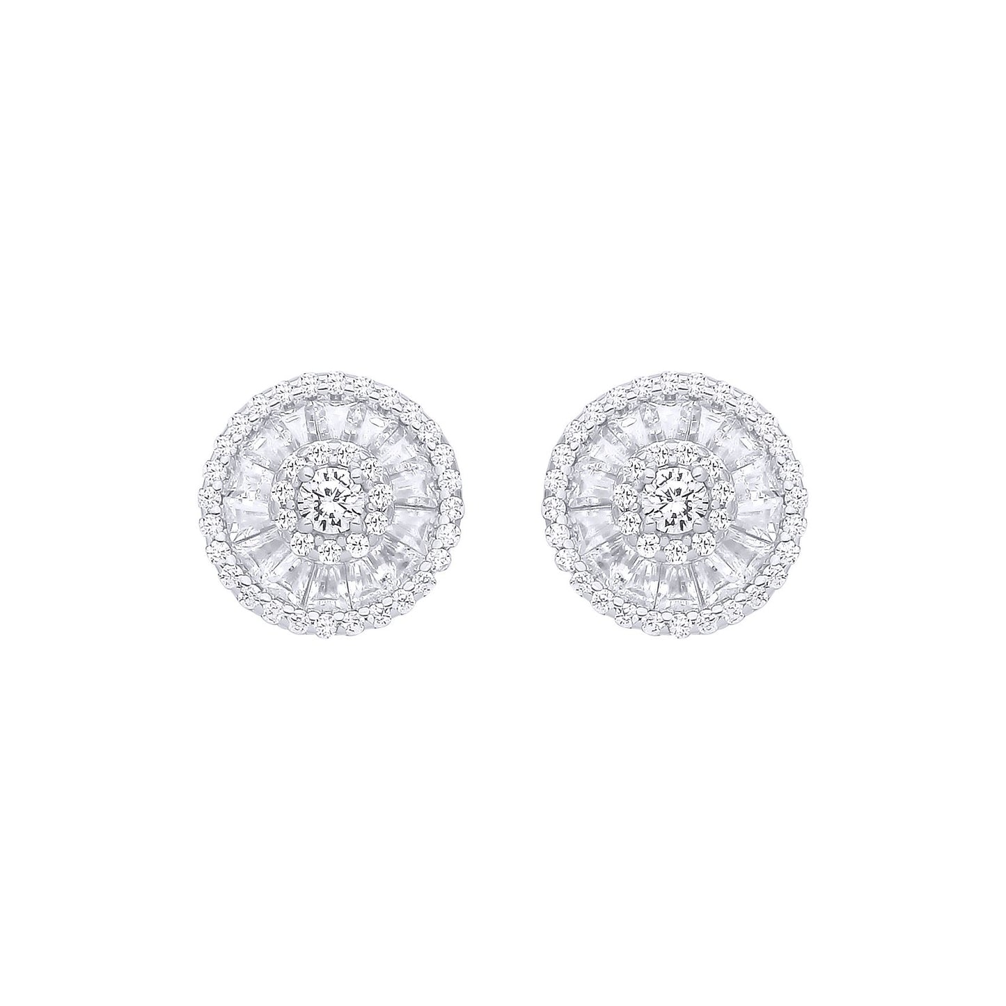 Silver  Baguette CZ Triple Halo Solitaire Cluster Stud Earrings - EAG1285