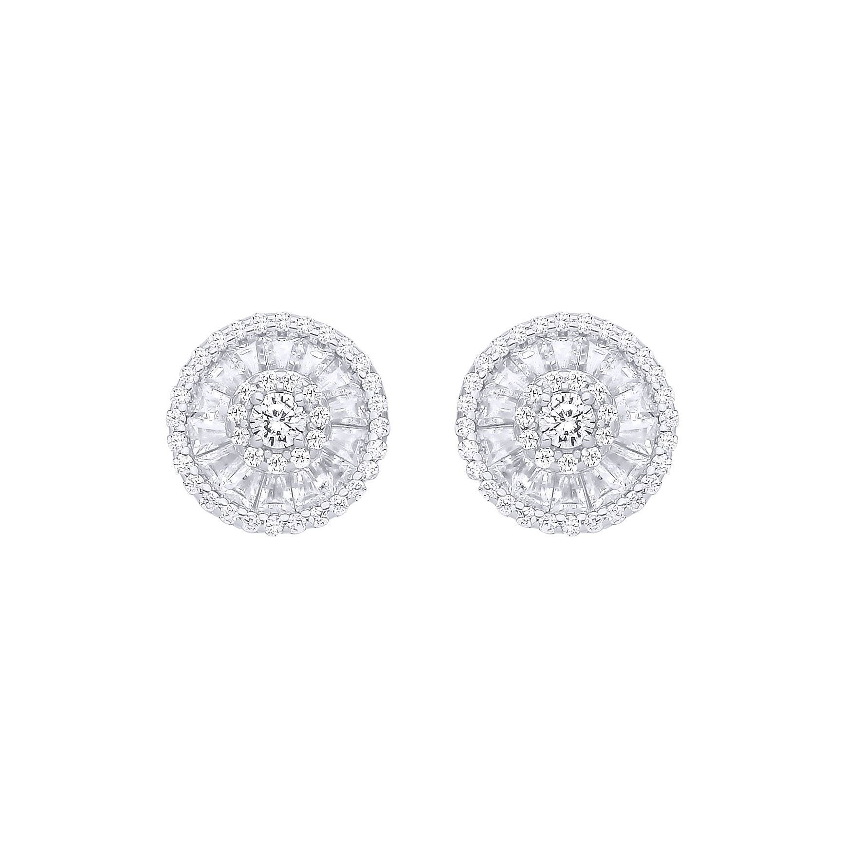 Silver  Baguette CZ Triple Halo Solitaire Cluster Stud Earrings - EAG1285