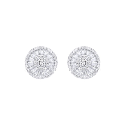 Silver  Baguette CZ Triple Halo Solitaire Cluster Stud Earrings - EAG1285