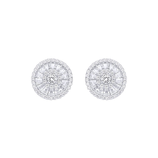 Silver  Baguette CZ Triple Halo Solitaire Cluster Stud Earrings - EAG1285