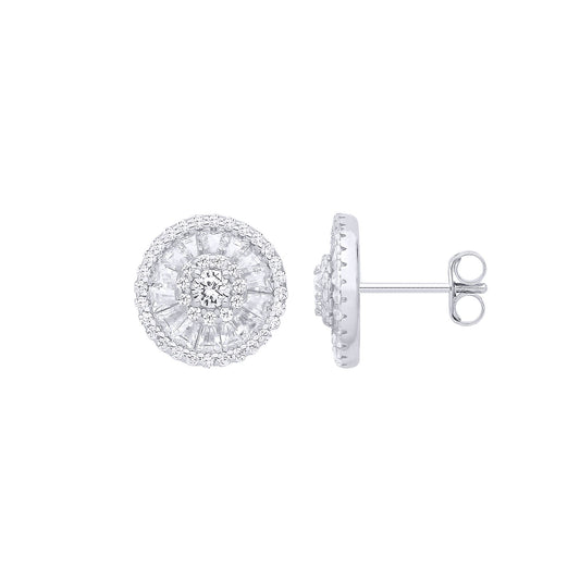 Silver  Baguette CZ Triple Halo Solitaire Cluster Stud Earrings - EAG1285