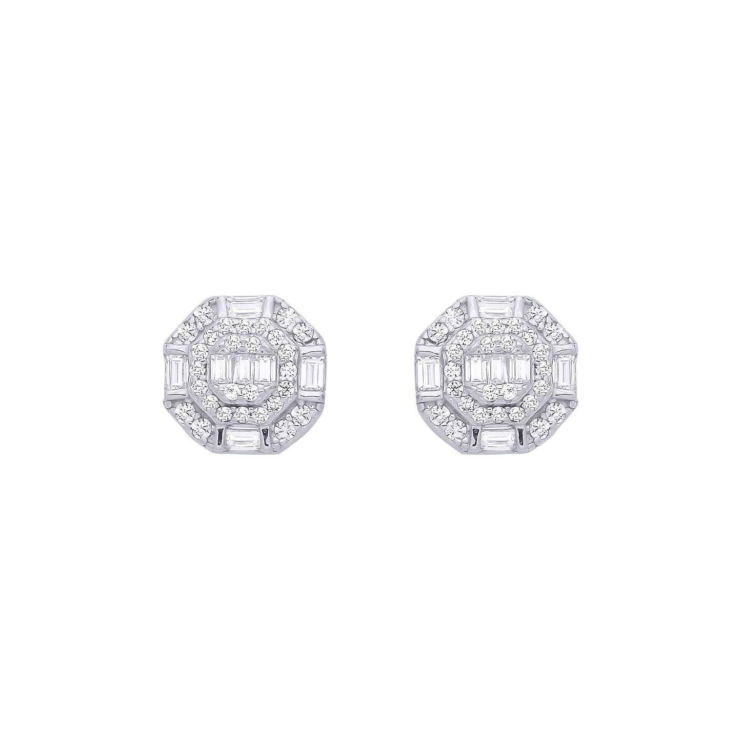 Silver  Baguette CZ Octagon Chamber Halo Cluster Stud Earrings - EAG1286