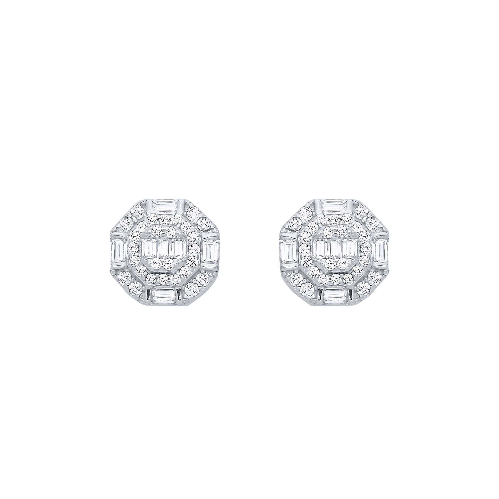 Silver  Baguette CZ Octagon Chamber Halo Cluster Stud Earrings - EAG1286