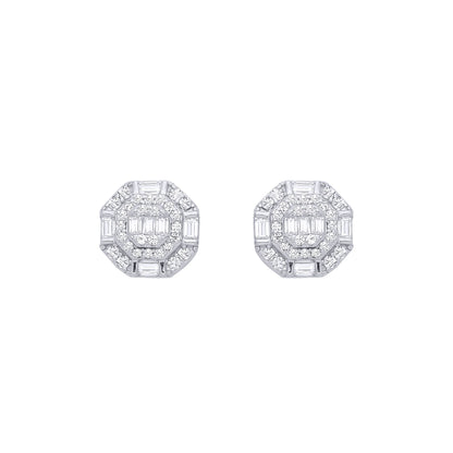 Silver  Baguette CZ Octagon Chamber Halo Cluster Stud Earrings - EAG1286