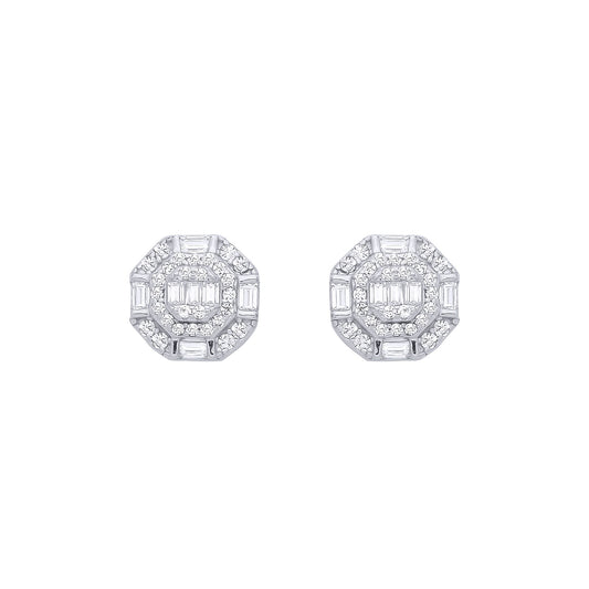 Silver  Baguette CZ Octagon Chamber Halo Cluster Stud Earrings - EAG1286