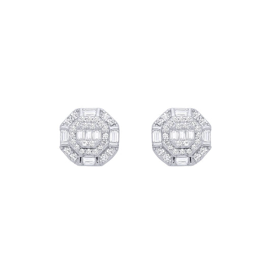 Silver  Baguette CZ Octagon Chamber Halo Cluster Stud Earrings - EAG1286