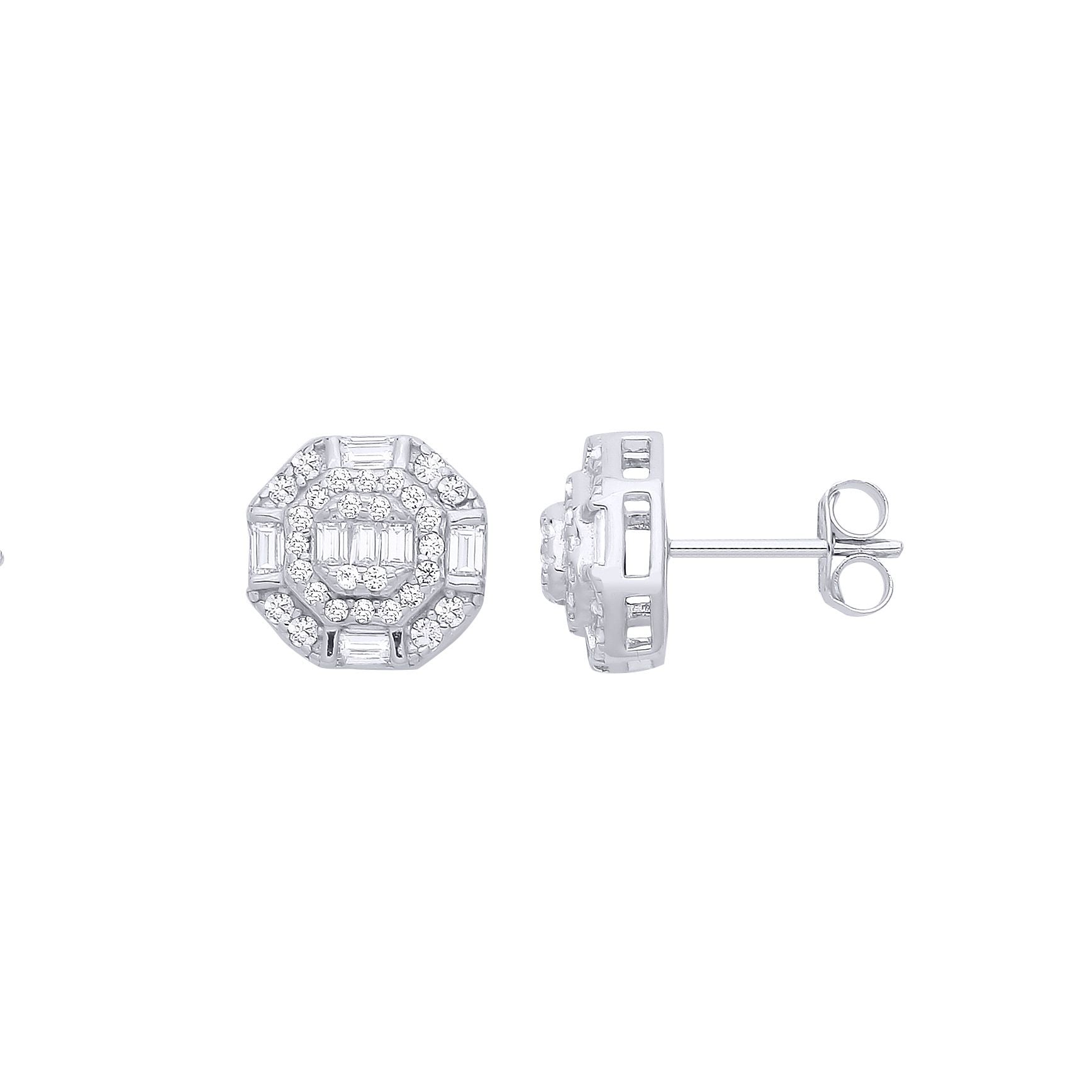 Silver  Baguette CZ Octagon Chamber Halo Cluster Stud Earrings - EAG1286