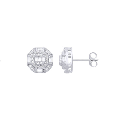 Silver  Baguette CZ Octagon Chamber Halo Cluster Stud Earrings - EAG1286