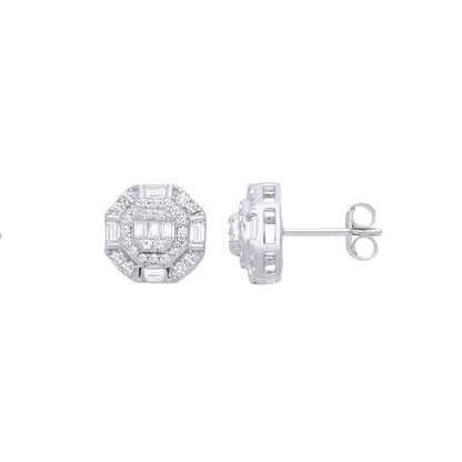 Silver  Baguette CZ Octagon Chamber Halo Cluster Stud Earrings - EAG1286