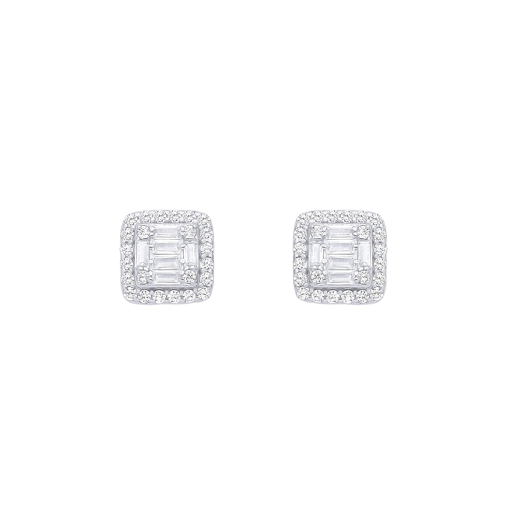Silver  Baguette CZ Square Chamber Halo Cluster Stud Earrings - EAG1287