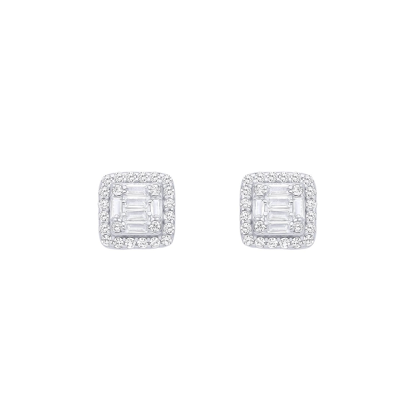 Silver  Baguette CZ Square Chamber Halo Cluster Stud Earrings - EAG1287