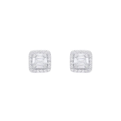 Silver  Baguette CZ Square Chamber Halo Cluster Stud Earrings - EAG1287
