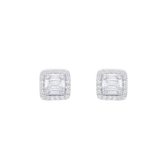 Silver  Baguette CZ Square Chamber Halo Cluster Stud Earrings - EAG1287