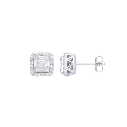 Silver  Baguette CZ Square Chamber Halo Cluster Stud Earrings - EAG1287