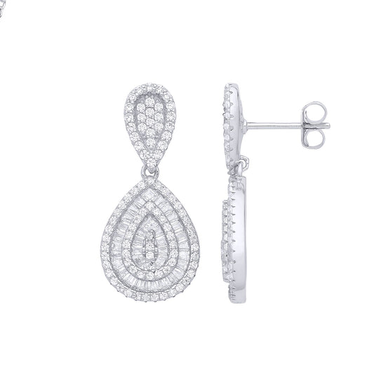 Silver  Baguette CZ Pear Avocado Geode Cluster Drop Earrings - EAG1289
