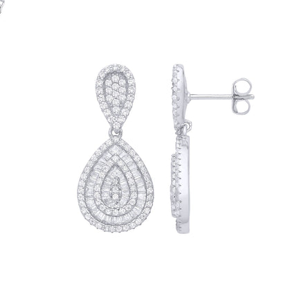 Silver  Baguette CZ Pear Avocado Geode Cluster Drop Earrings - EAG1289