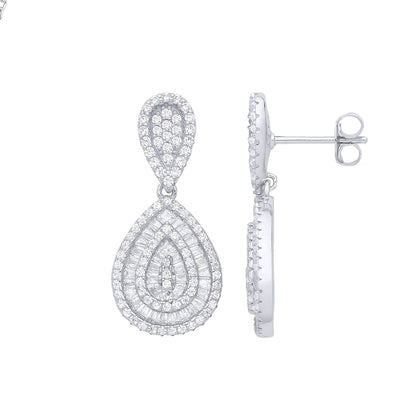 Silver  Baguette CZ Pear Avocado Geode Cluster Drop Earrings - EAG1289