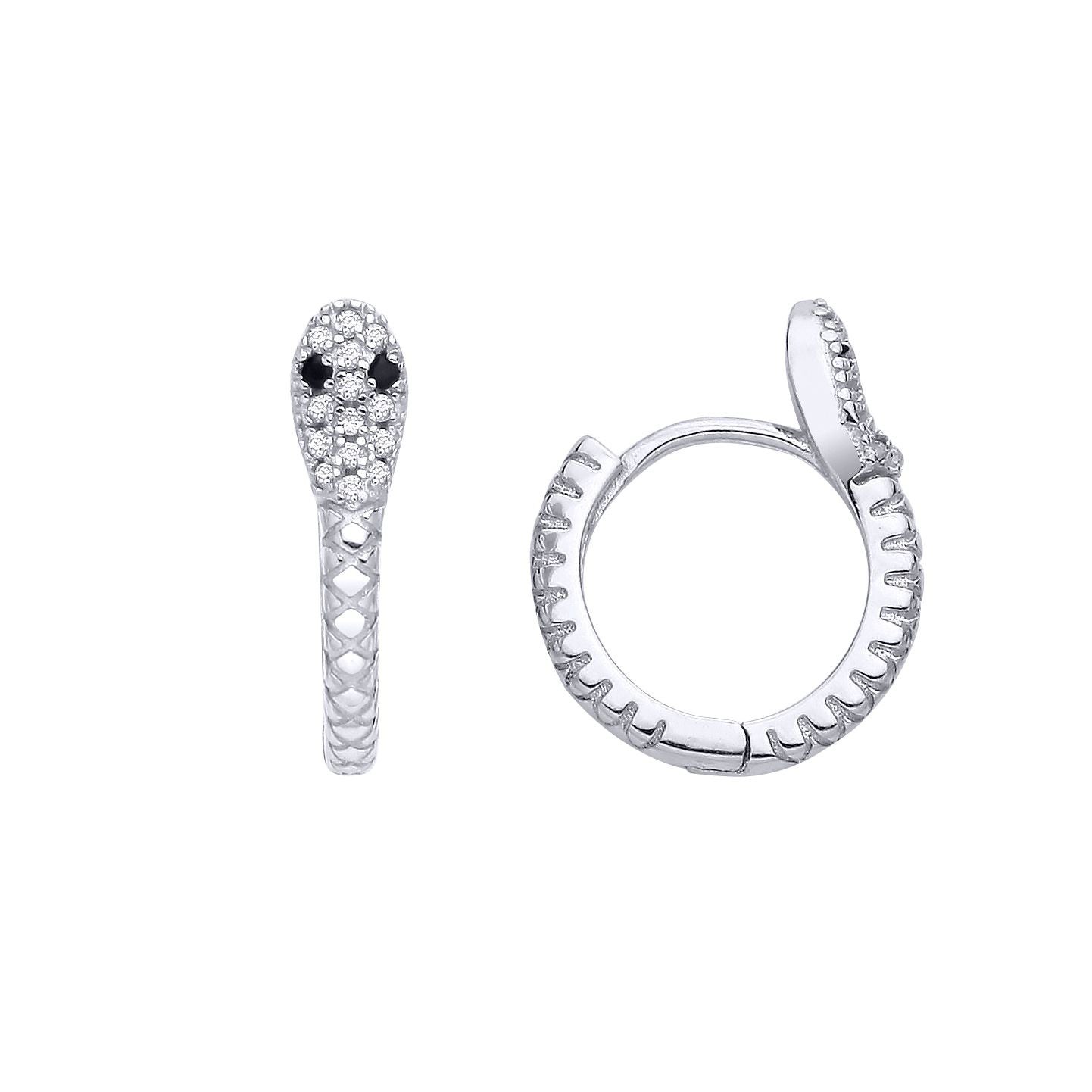 Silver  Black CZ Coiled Snake Huggie Hoop Earrings - EAG1292