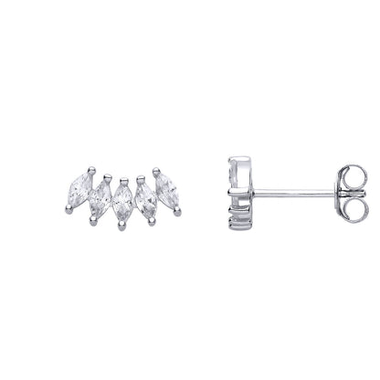 Silver  Marquise CZ Curved 5 Stone Arc Stud Earrings - EAG1295