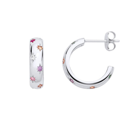 Silver  Peach Pink Lilac CZ D-Shape Dome 3/4 Hoop Drop Earrings - EAG1299