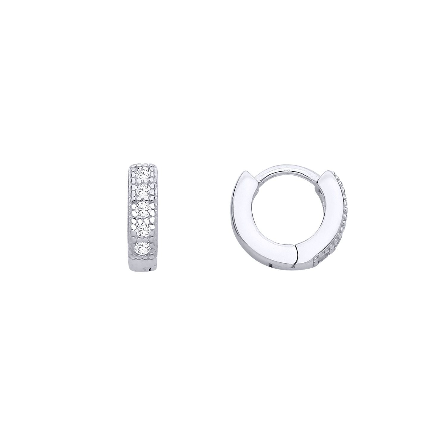 Silver  CZ Bead Edge Pave Eternity Huggie Hoop Earrings - EAG1301