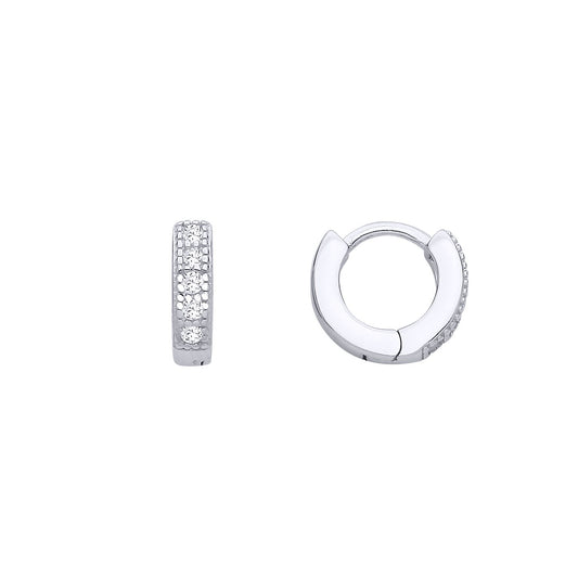 Silver  CZ Bead Edge Pave Eternity Huggie Hoop Earrings - EAG1301