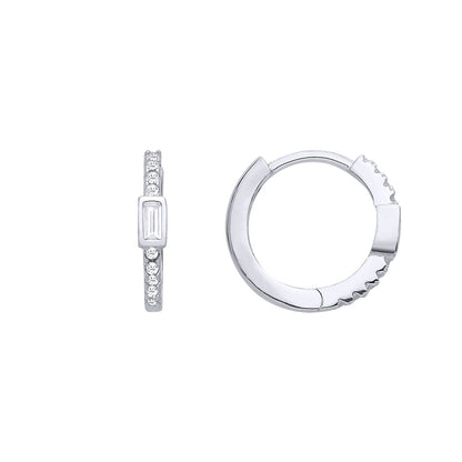 Silver  Baguette CZ Engagement Ring Huggie Hoop Earrings - EAG1302