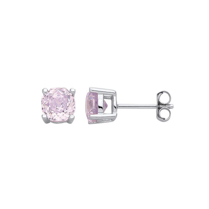 Silver  Pink Octagon CZ Rose Cut 4Claw Solitaire Stud Earrings 6mm - EAG1305-P