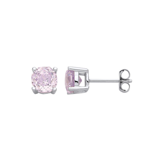 Silver  Pink Octagon CZ Rose Cut 4Claw Solitaire Stud Earrings 6mm - EAG1305-P