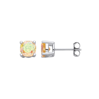 Silver  Yellow Octagon CZ Rose Cut Solitaire Stud Earrings 6mm - EAG1305-Y