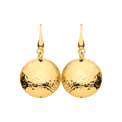 Gold Plated Sterling Silver Puffed & Barked Circle Drop Earrings - EAG1307