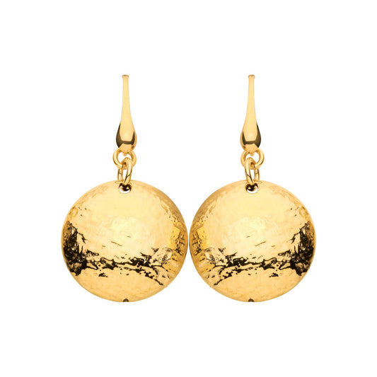 Gold Plated Sterling Silver Puffed & Barked Circle Drop Earrings - EAG1307
