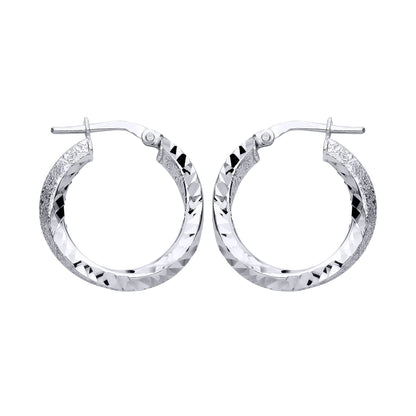 Silver Textured Glittery Finish & Polished Twist Hoop Earrings - EAG1309