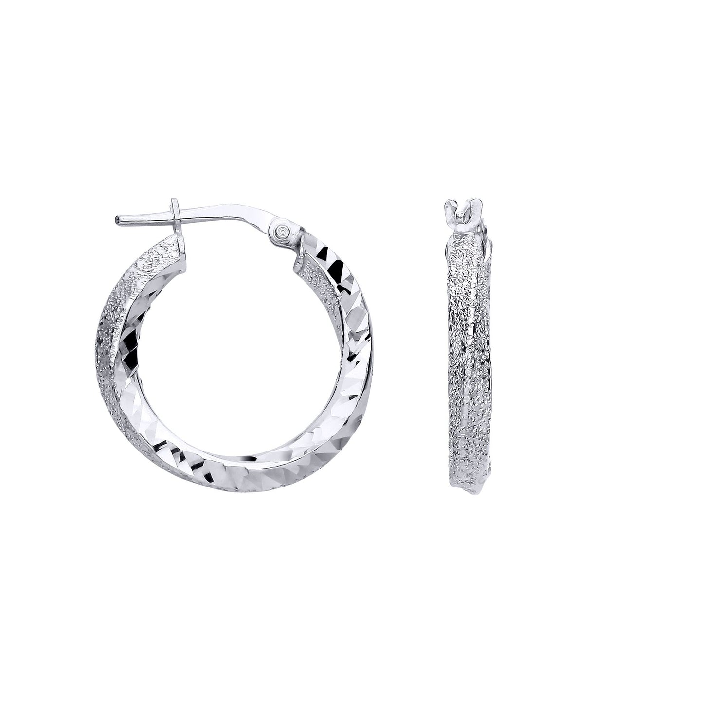Sterling Silver Textured Glittery Finish & Polished Twist Hoop Earrings - EAG1309