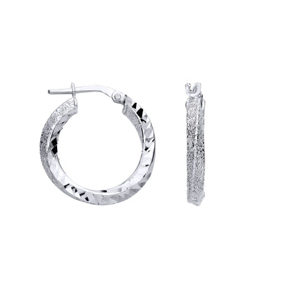 Sterling Silver Textured Glittery Finish & Polished Twist Hoop Earrings - EAG1309